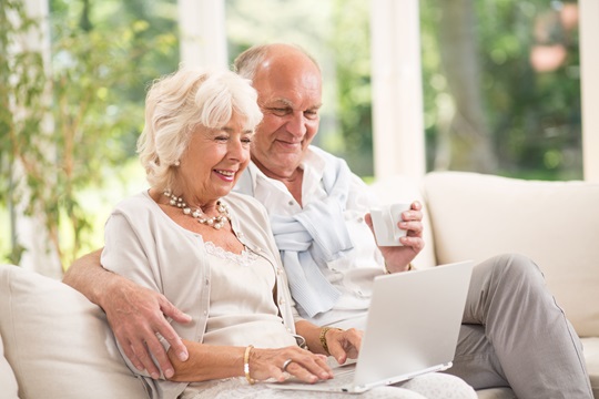 Happy senior couple with laptop.