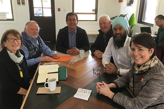 Nanaimo & Area Branch team meets with NDP leader. From left – Marg Smith, Charles Scrivener, Bob Chamberlain (NDP by-election candidate), Ken Jones, Jagmeet Singh (NDP leader, MP for Burnaby South), Maria Dellamattia (NDP national campaign manager)