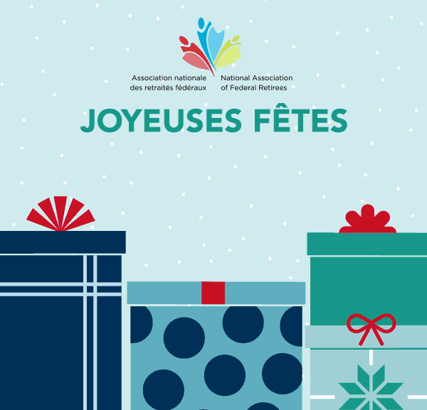Joyeuses Fêtes! Quatre personnes souriantes émergent de boîtes de cadeaux des Fêtes.