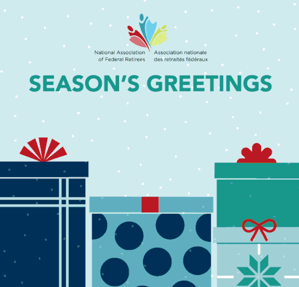 Happy holidays from Federal Retirees! Holiday artwork concept with gifts and Association members.