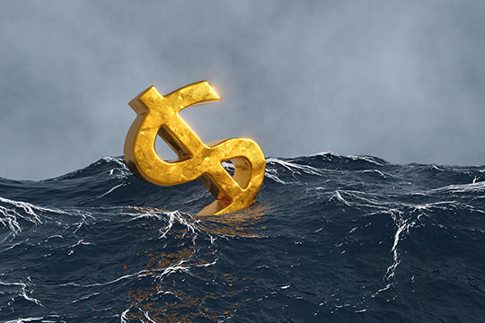 Symbole du dollar flottant sur des eaux turbulentes.