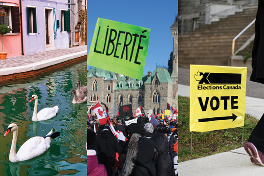 Venise, Ottawa et un panneau d'Élections Canada.