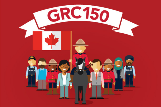 Joignez-vous à nous pour la célébration GRC150! Graphisme conceptuel d’un groupe de membres de la Gendarmerie royale du Canada (GRC).