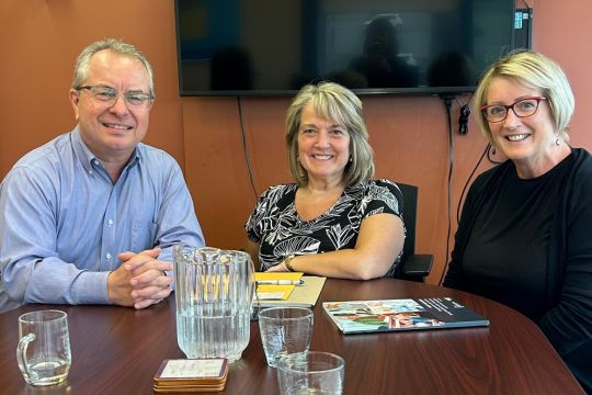 Federal Retirees volunteers are taking action on advocacy priorities. Federal Retirees volunteers Roland Wells and Marilyn Best seated with Susan Walsh, seniors' advocate for Newfoundland and Labrador.