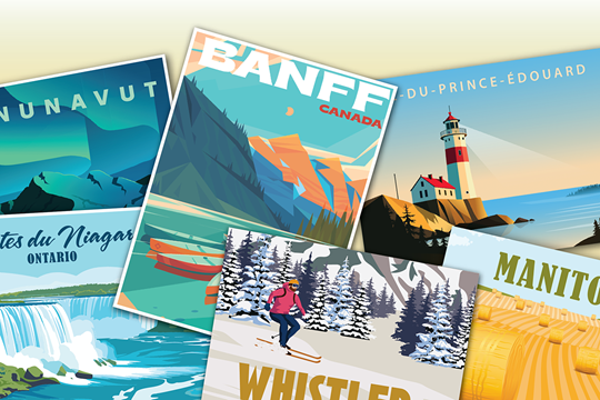 Concept de la Méga campagne de recrutement sous forme de carte postale illustrant des destinations canadiennes. 