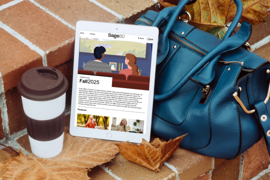 Reflecting on what it means to age well with Sage60. Tablet device featuring the latest issue of Sage60.