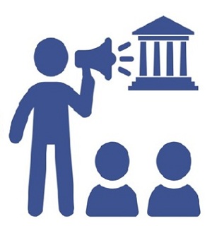 Graphic of person with megaphone pointed at government.