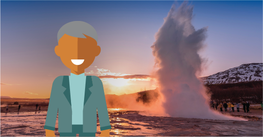 Cartoon man visits Iceland’s Geysir.