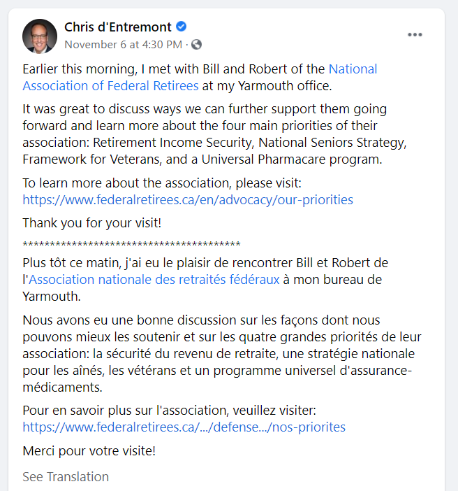 Chris d'Entremont mentionne les Retraités fédéraux sur Facebook.