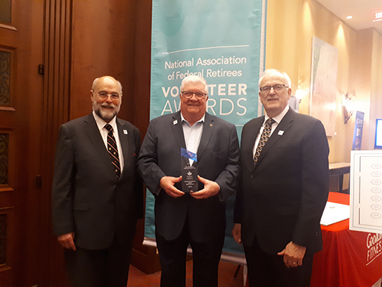 We did it this year, we took home the Small Branch Excellence Award, good work everyone, we all deserve a pat in the back, a fist bump and a high 5!    Pictured at the Association's 2019 Annual Members Meeting Volunteer Awards Recognition Dinner in June are (from left to right) Peter Kerr of Nova Scotia Region, Gene Bell CD, president of the Colchester-East Hants and Léonard LeBlanc, Director, District of Atlantic.