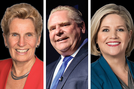 La chef du Parti libéral, Kathleen Wynne, le chef du Parti progressiste-conservateur, Doug Ford (photo : Jared Ong), et la chef du Nouveau Parti démocratique Andrea Horwath.