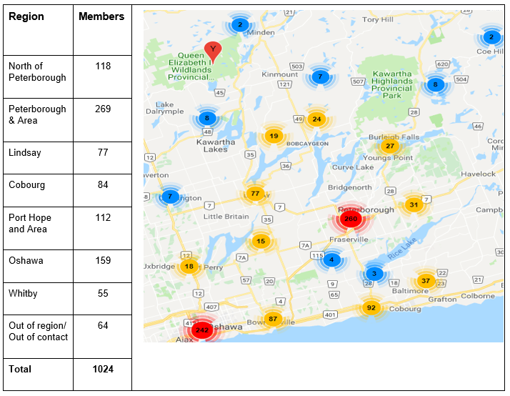 Map showing where the Peterborough & Area Branch members live.