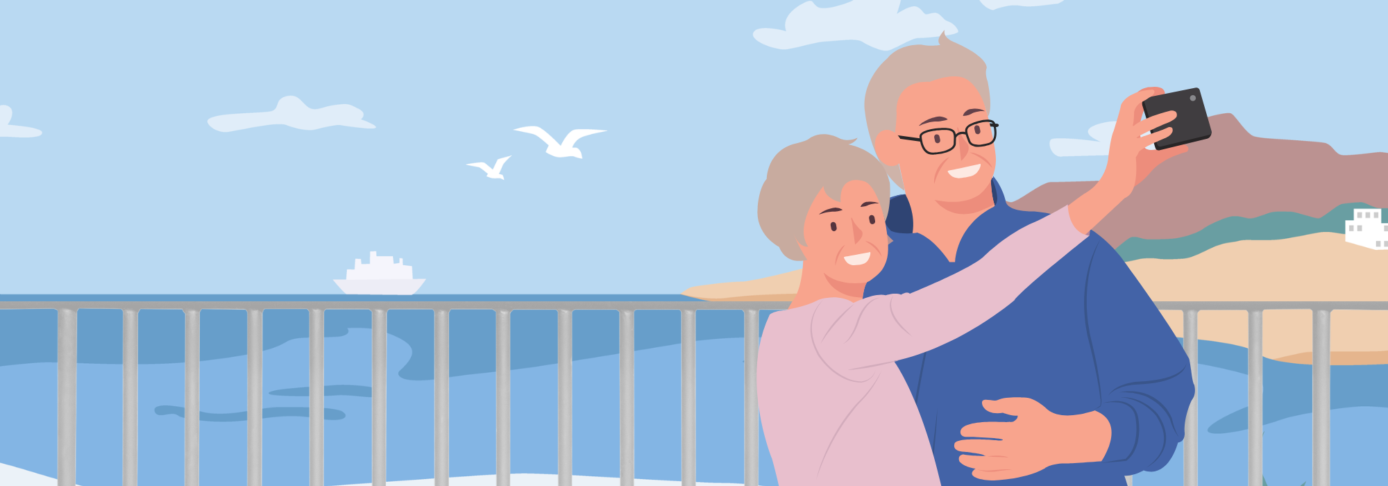 Illustration d’un couple profitant de la vue depuis le pont d’un navire de croisière.